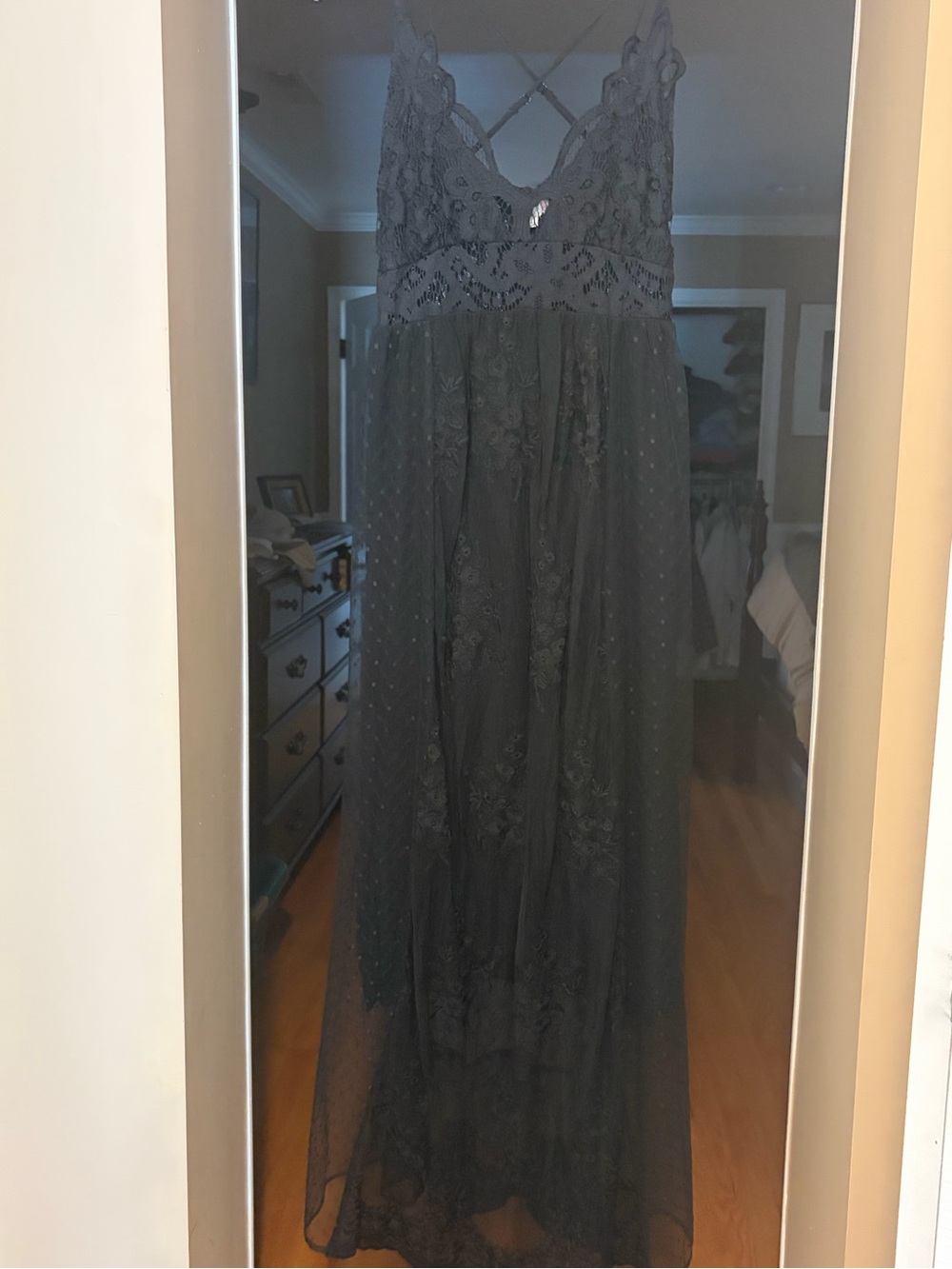 Black Lace Maxi Dress with Sheer Overlay